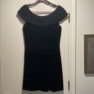 Donna Ricco Vintage Velvet Feel Black Chiffon Draped Cowl Neck Mini Dress